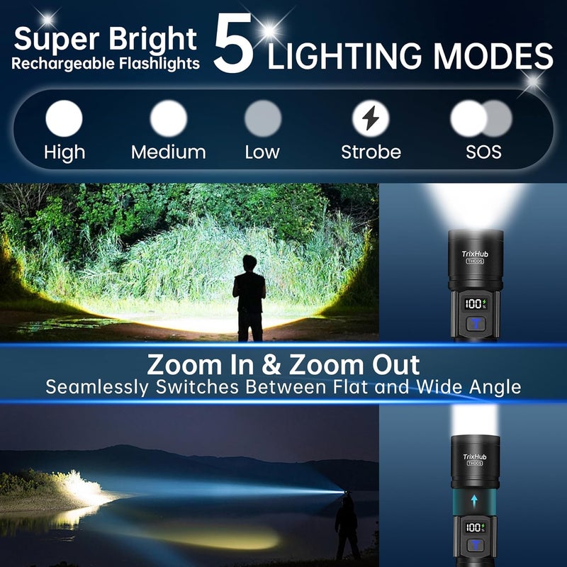 TrixHub Rechargeable Flashlights 2 Pack, Super Bright High Lumens Flash Light, 5 Modes Zoomable Linternas with LCD Digital Display, Powerful Handheld LED Flashlights for Home Emergencies Camping - Image 2